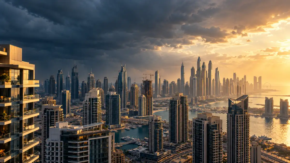 Dubai skyline under storm clouds at sunset, illustrating concerns over whether the Dubai property market will crash due to war.