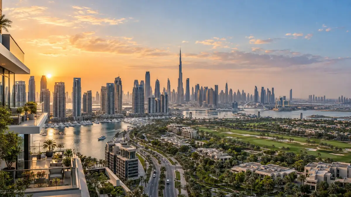 Best places to buy property in Dubai 2026, featuring luxury waterfront residences and the Dubai skyline with Burj Khalifa at sunset.