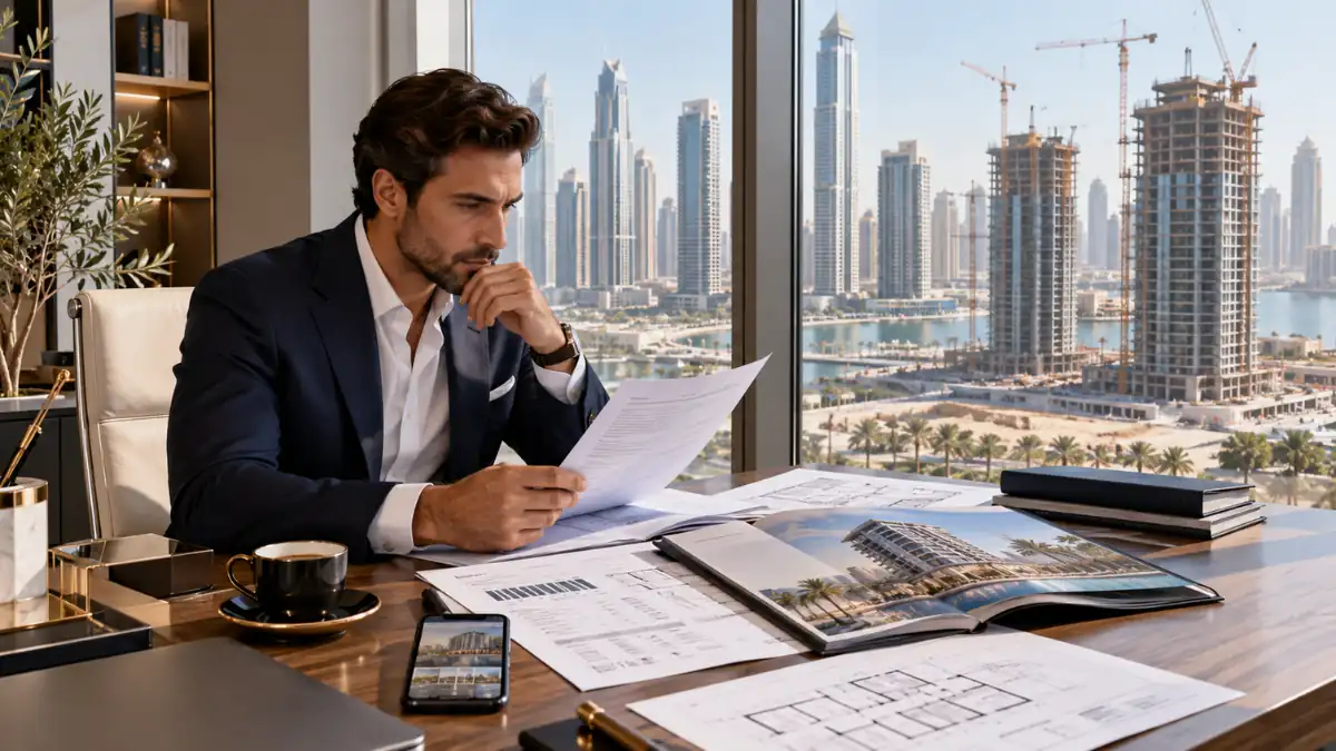 Selling off plan property before completion – investor reviewing property documents and development plans for an under-construction real estate project.