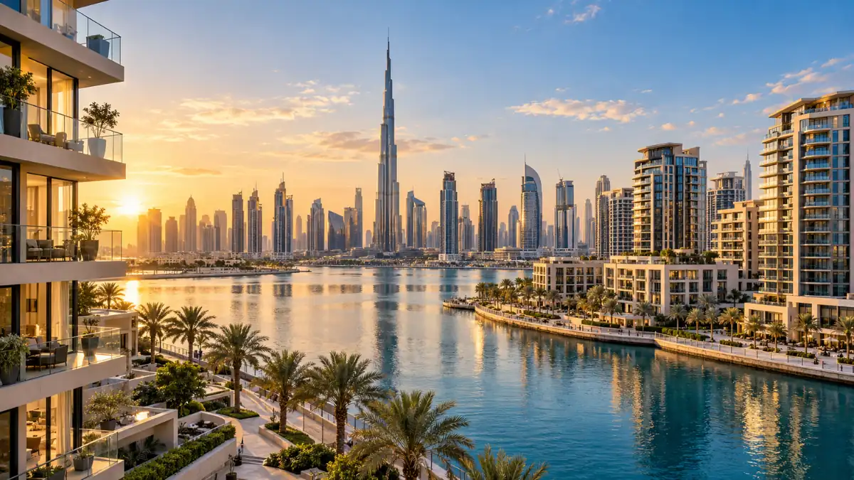 Best time to buy property in Dubai – Luxury waterfront apartments with stunning Burj Khalifa views, modern residential towers and Dubai's skyline at sunset.