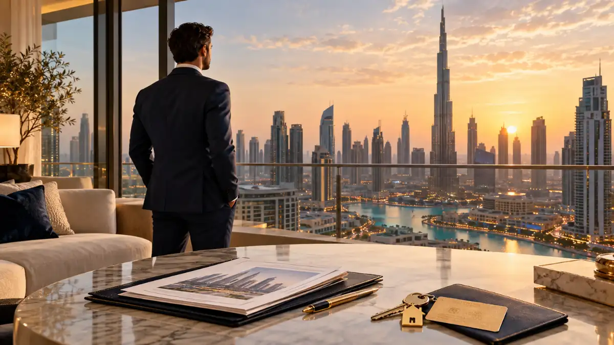 Buy property in Dubai and get Golden Visa with luxury real estate investment overlooking the Burj Khalifa and Dubai skyline.