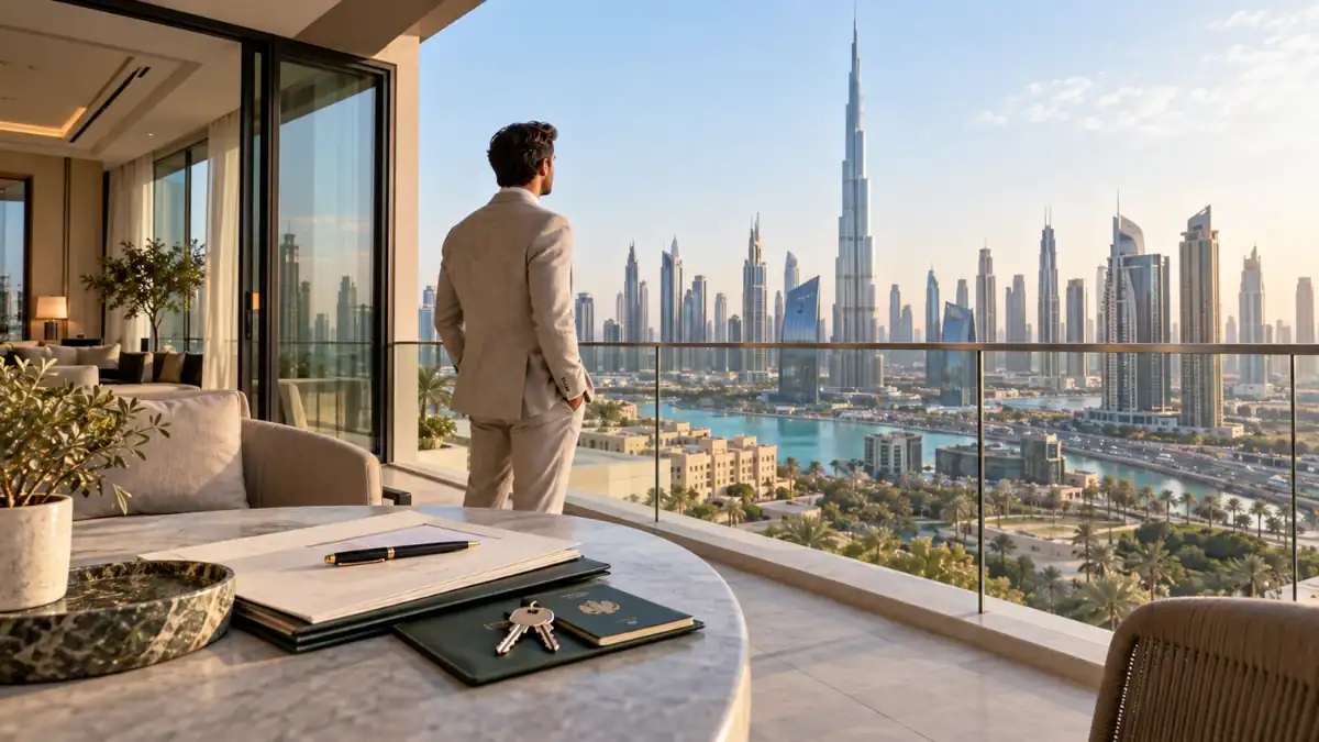 Can buying property in Dubai give you residency – property investor overlooking the Dubai skyline and Burj Khalifa from a luxury apartment.
