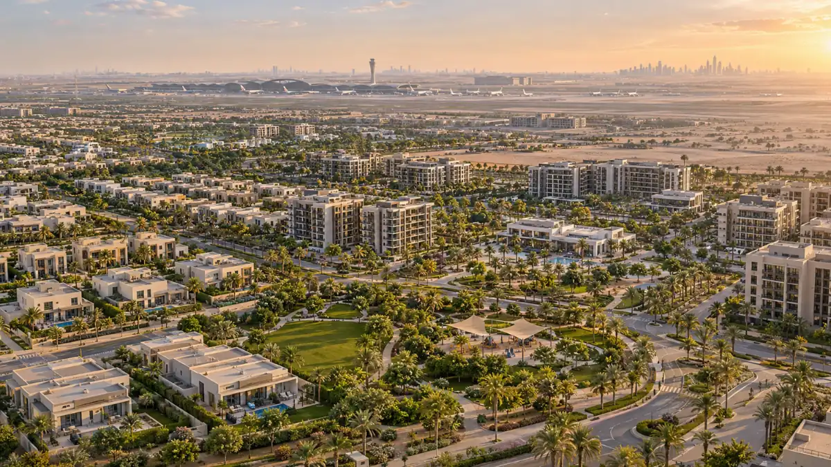 Communities in Dubai South featuring modern villas, residential apartments, landscaped parks and palm-lined neighbourhoods.