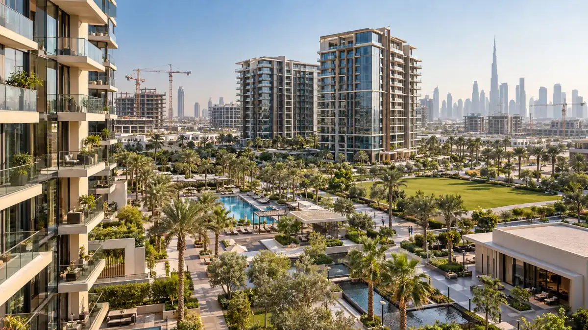 Dubai Hills Estate off plan projects featuring luxury apartments, landscaped gardens, swimming pools and modern residential towers in Dubai.