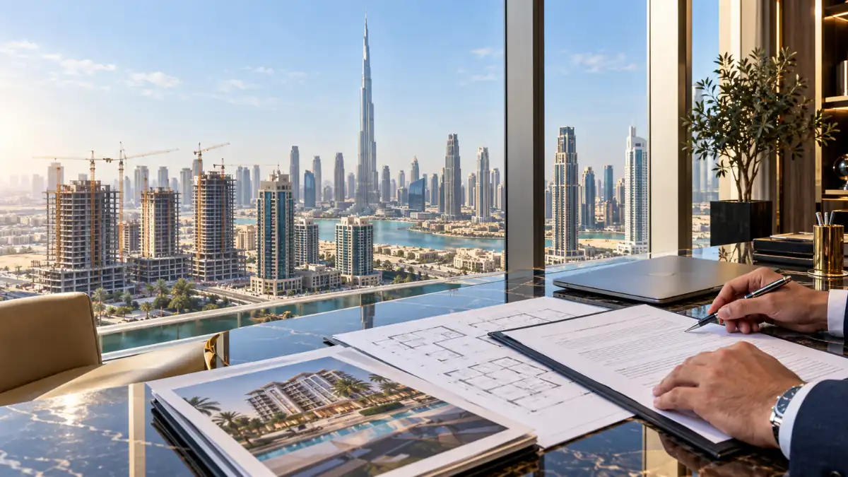 Dubai Property Escrow Account documentation with real estate contracts and architectural plans on an office desk overlooking the Burj Khalifa and Dubai skyline.