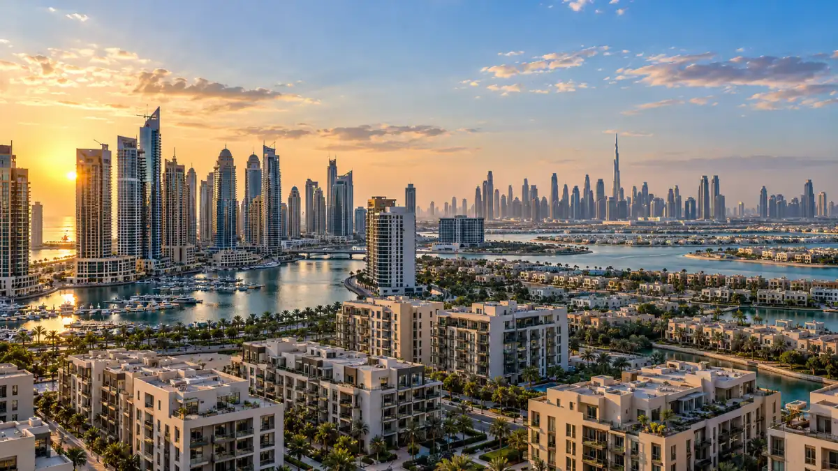 Dubai average rental prices – panoramic sunset view of Dubai Marina waterfront, luxury residential apartments, and the Burj Khalifa skyline in the distance.