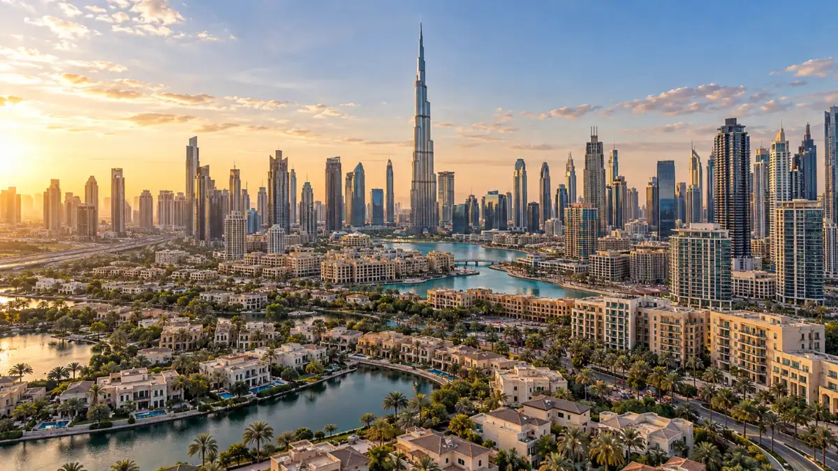 Dubai house price index – panoramic aerial view of Dubai's luxury villas, waterfront properties, and modern skyscrapers, featuring the iconic Burj Khalifa.