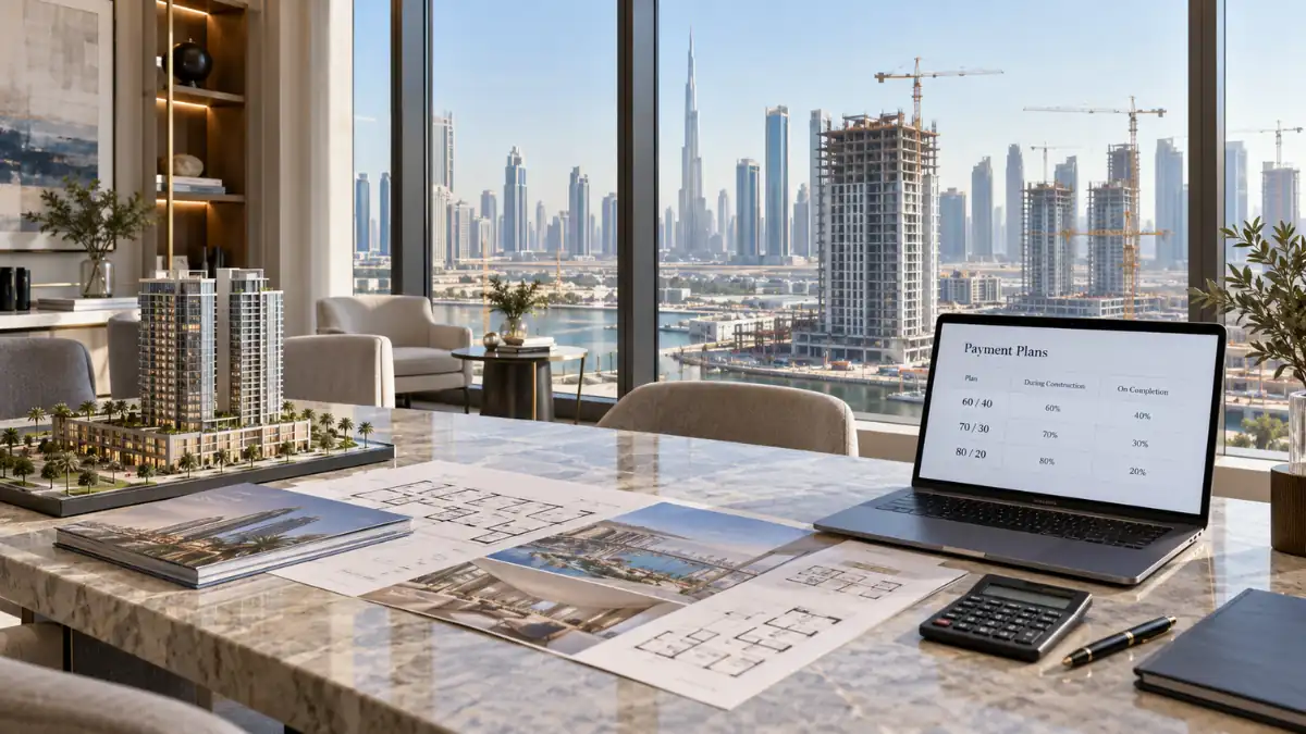 Dubai off plan property payments and flexible payment plans displayed on a laptop in a luxury real estate office overlooking the Burj Khalifa and Dubai skyline.