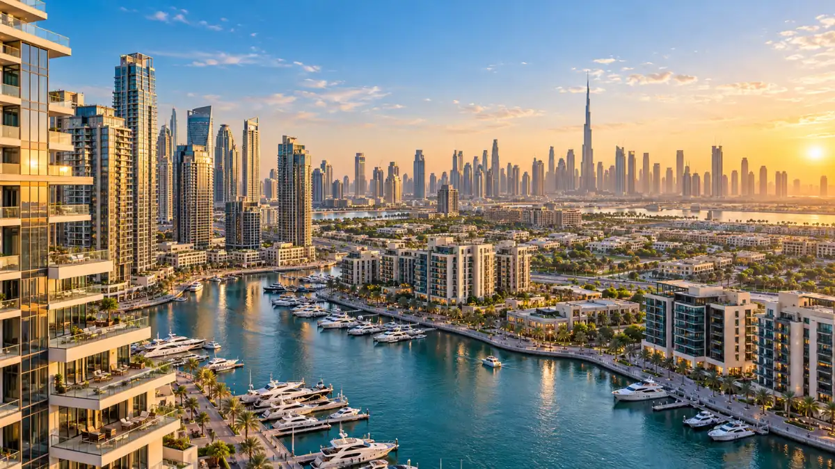 Dubai property investment areas featuring luxury waterfront apartments, a yacht marina, modern residential towers, and the Burj Khalifa skyline at sunset.
