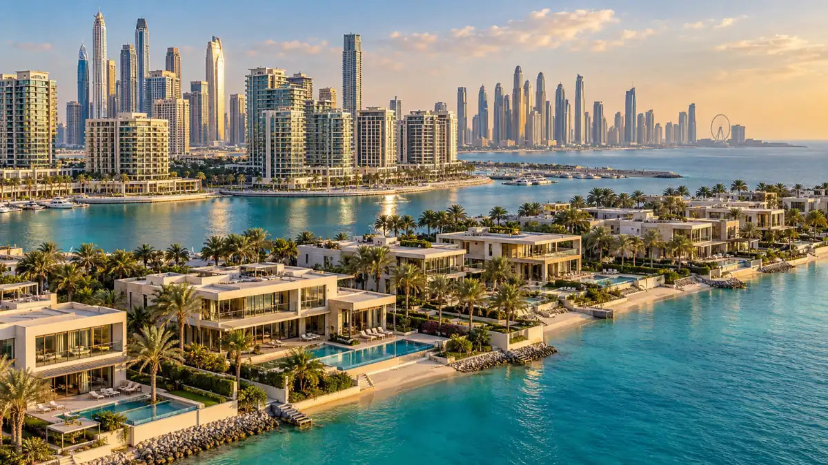 Dubai property luxury featuring exclusive waterfront villas, private pools, palm-lined residences and panoramic Dubai Marina skyline views.