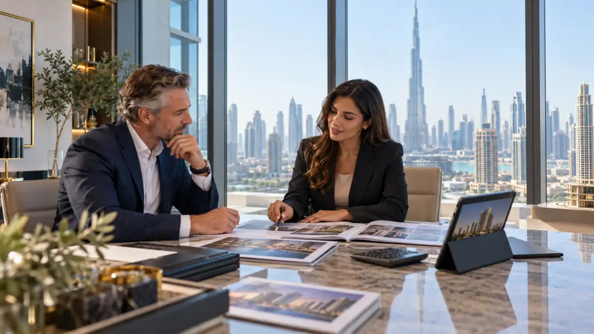 Dubai real estate investment company experts discussing luxury property investment opportunities with views of the Burj Khalifa and Dubai skyline.
