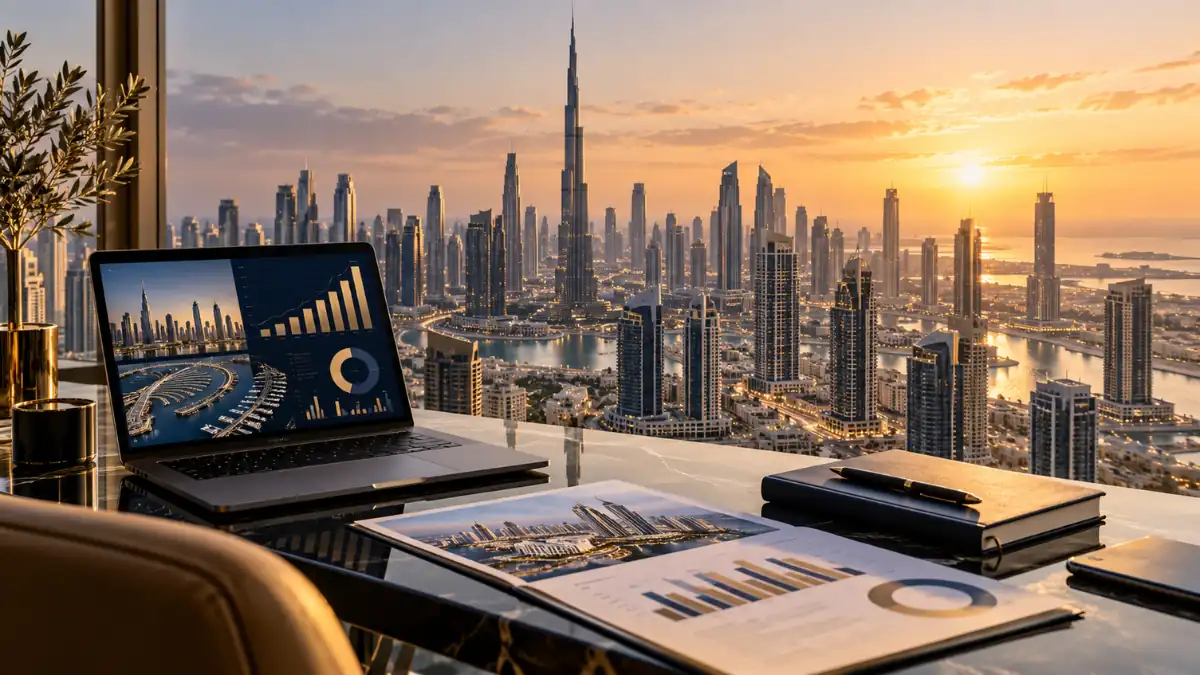 Dubai real estate investment report featuring property market data and Dubai skyline with Burj Khalifa at sunset.
