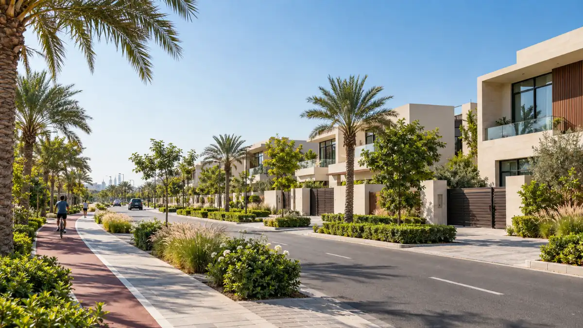 Nad Al Sheba luxury residential community in Dubai featuring modern villas, palm-lined streets, lush landscaping, and dedicated cycling paths.