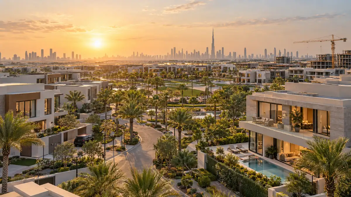 Off plan villa projects in Dubai featuring luxury modern villas, landscaped communities and the Dubai skyline at sunset.