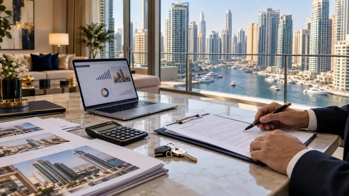 Property management charge calculation with financial documents, calculator, and laptop on a desk overlooking Dubai Marina's luxury residential towers.