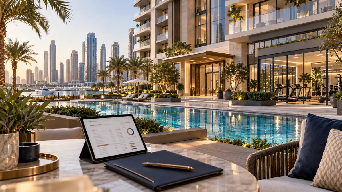 Property service charge management for a luxury residential apartment complex with swimming pool, gym and landscaped communal areas.