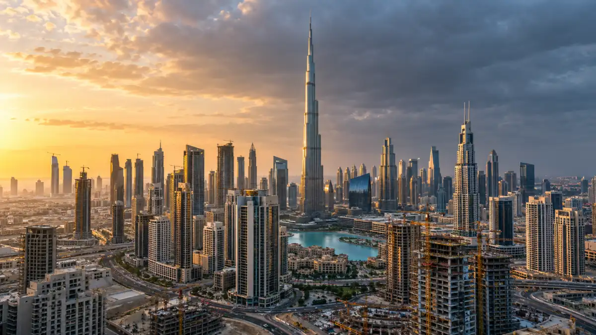 Dubai skyline featuring Burj Khalifa, high-rise buildings and ongoing construction at sunset, raising the question: When will Dubai property market crash?