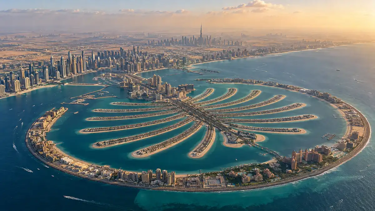Where is Dubai located? Aerial view of Palm Jumeirah, Dubai Marina, and the Dubai skyline along the Persian Gulf coast in the United Arab Emirates.